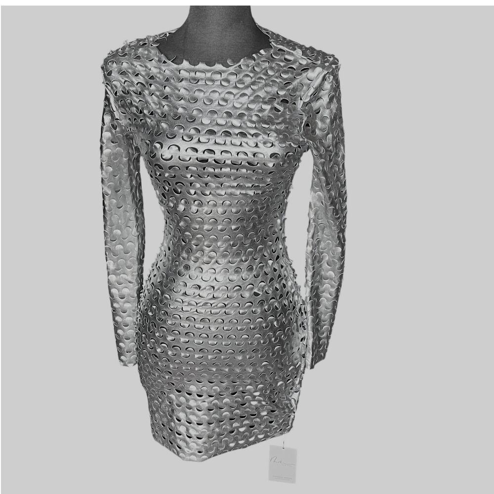 Mew Mews Fashion Mercy Hollow Mini Dress Metallic Silver NWT Medium Fits Small